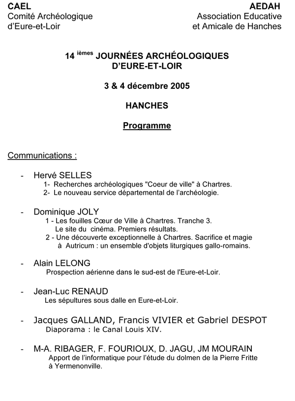 Résumés des rencontres archéologiques du CAEL 2005