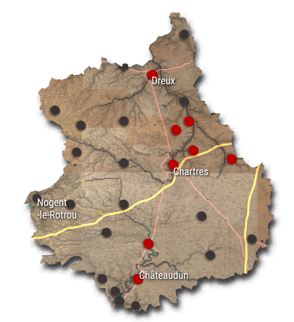 Carte de localisation des membres du Comité Archéologique d'Eure-et-Loire (CAEL). Fond de carte basé sur la carte de l'Etat-major XIXème (1820-1866).